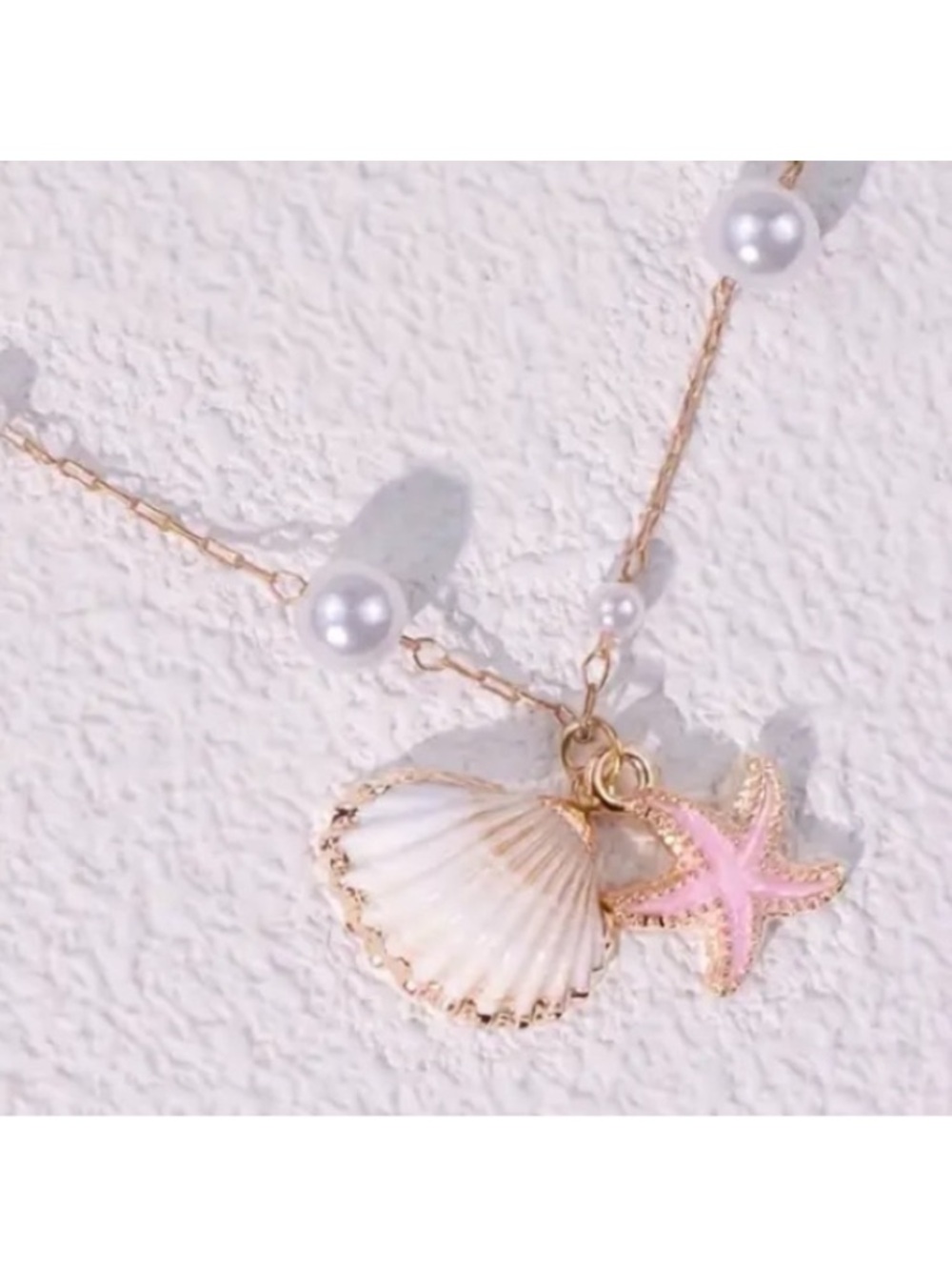 Pink Starfish Seashell & Pearl Gold Toned Necklace
